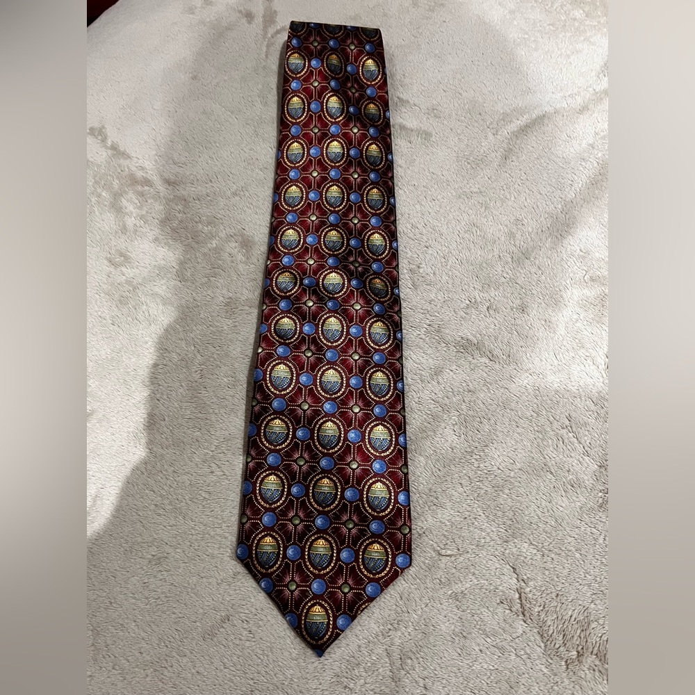 Faberge Burgundy and Azure Geometric Tie 100% silk handmade in USA
